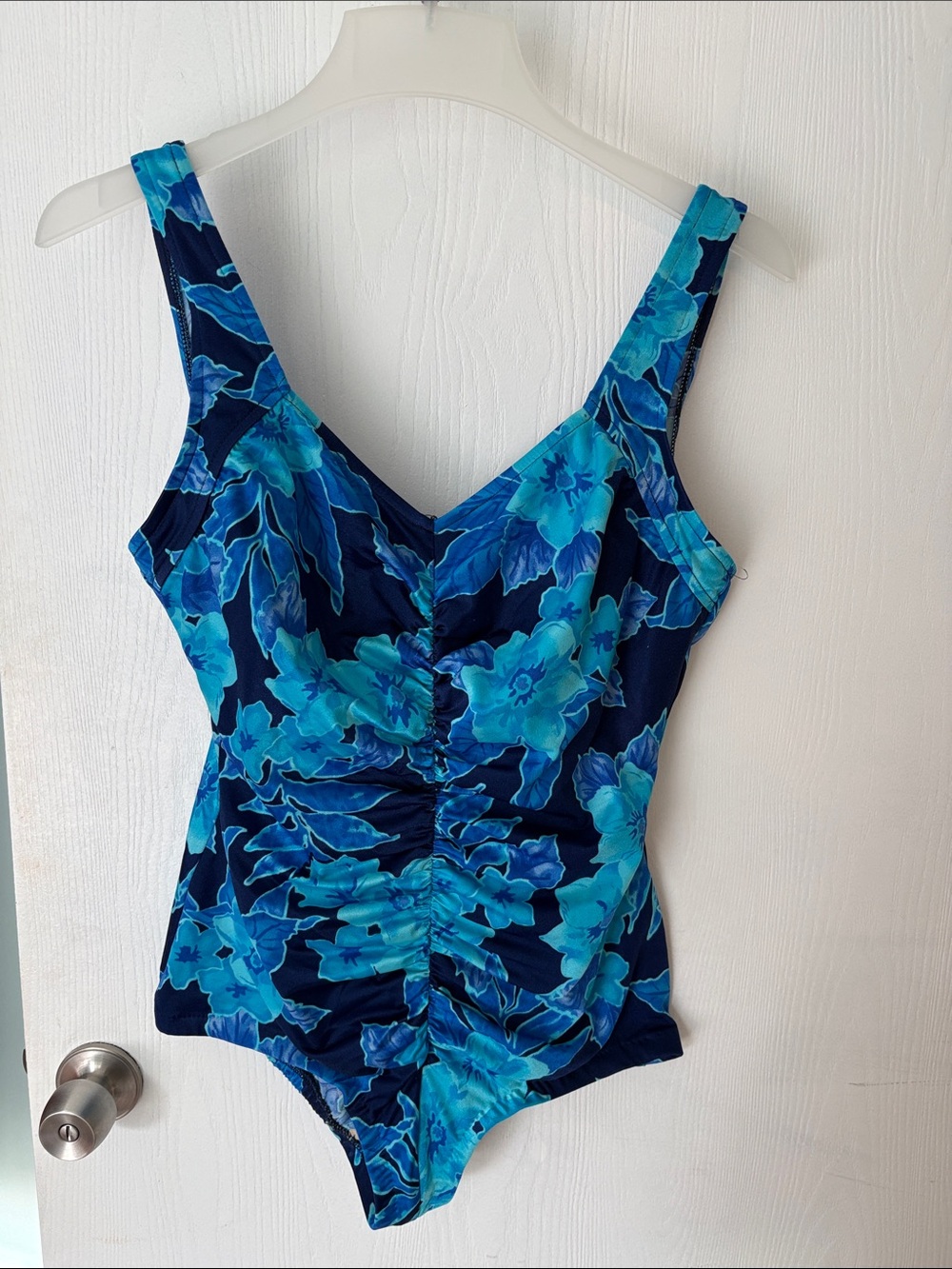 Blue Floral One-Piece Swimsuit with Ruched Front